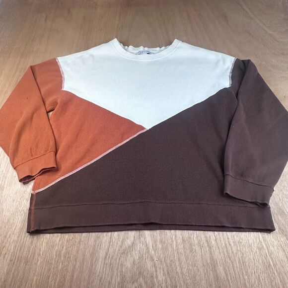 She + Sky Women’s M Colorblock Sweatshirt Brown Rust Cream Pullover - Picture 1 of 5